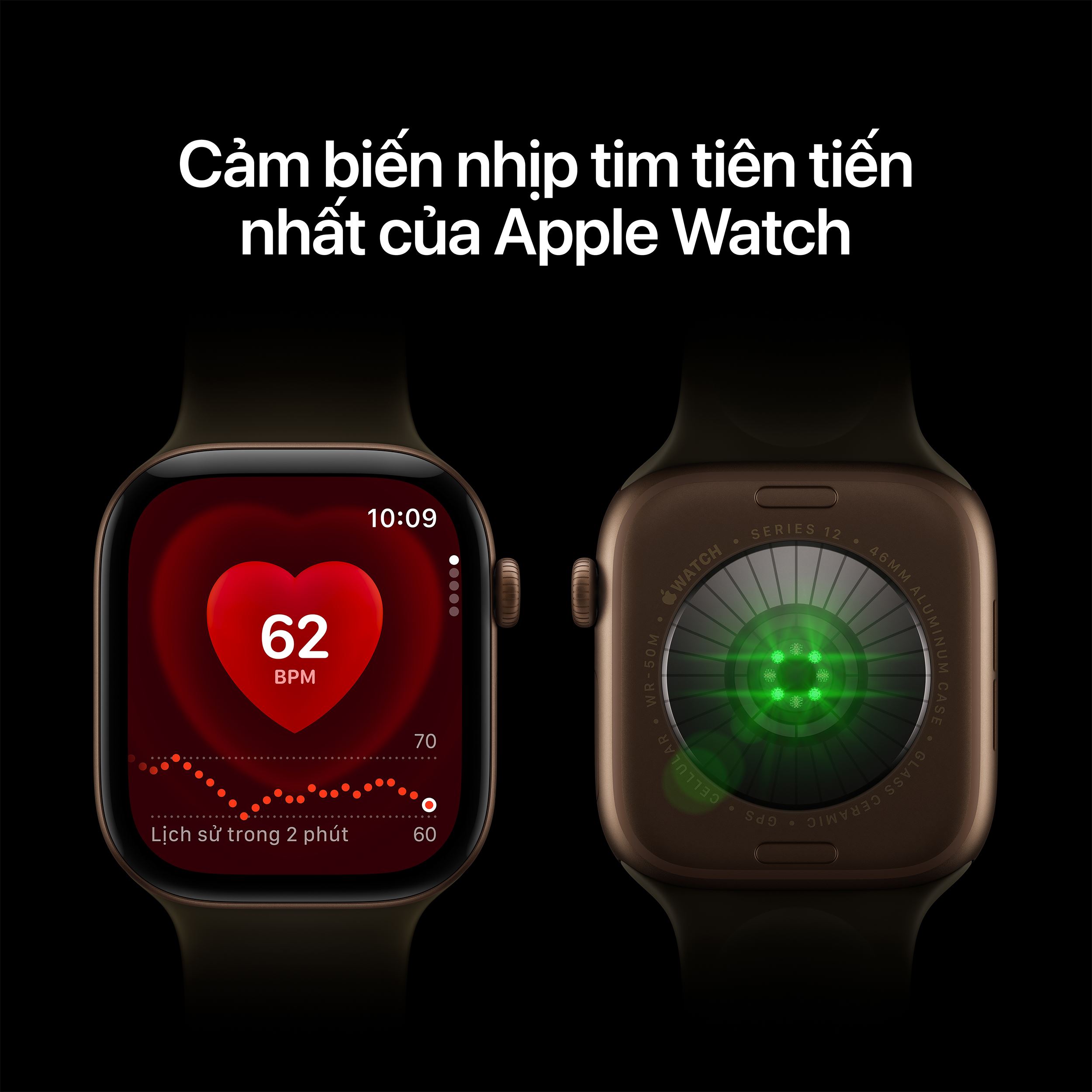 Apple Watch Series 12 GPS + Cellular 42mm viền Titanium dây silicone - Cảm biến nhịp tim (Nguồn: Apple.com)