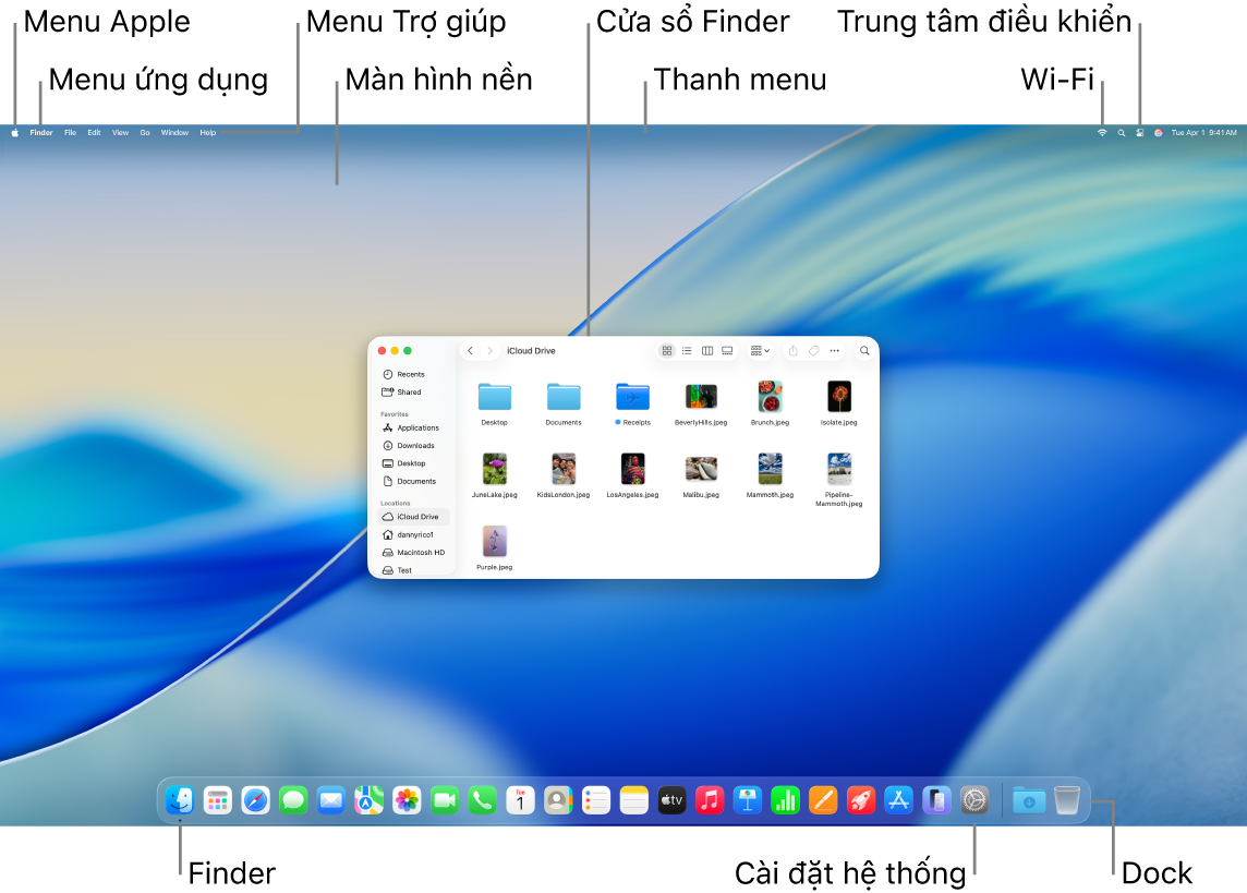 Màn hình nền máy Mac với cửa sổ Finder, Dock và menu Apple ở góc trên trái