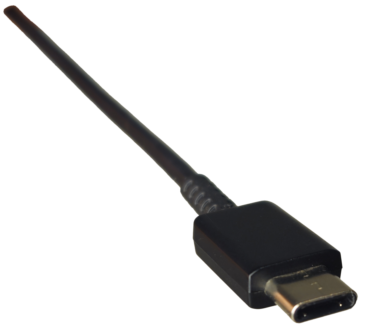 Đầu cắm USB-C ở đầu một sợi cáp màu đen