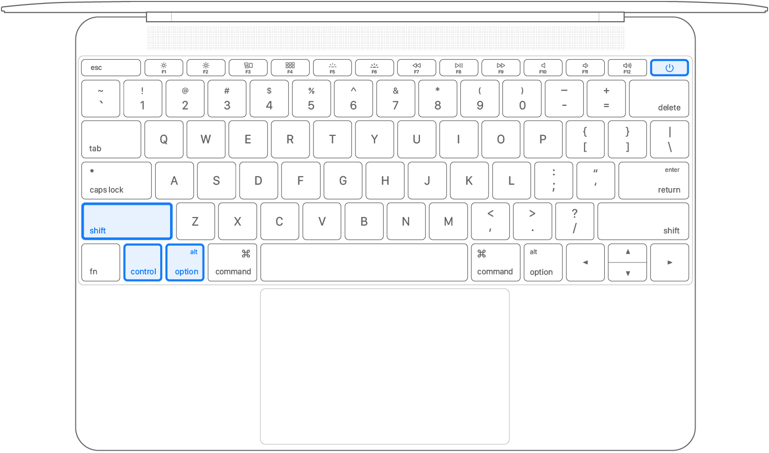 Sơ đồ phím đặt lại SMC trên một MacBook Intel không có chip T2