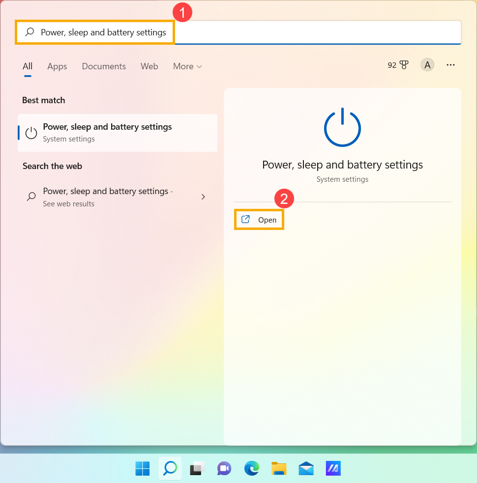 Tìm cài đặt nguồn, chế độ ngủ và pin từ ô tìm kiếm Windows