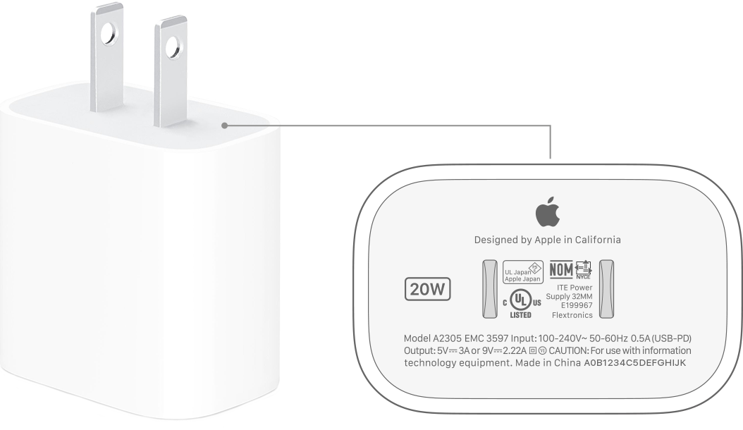 Củ sạc Apple USB-C 20W với các thông số điện áp và dòng sạc chuẩn USB Power Delivery