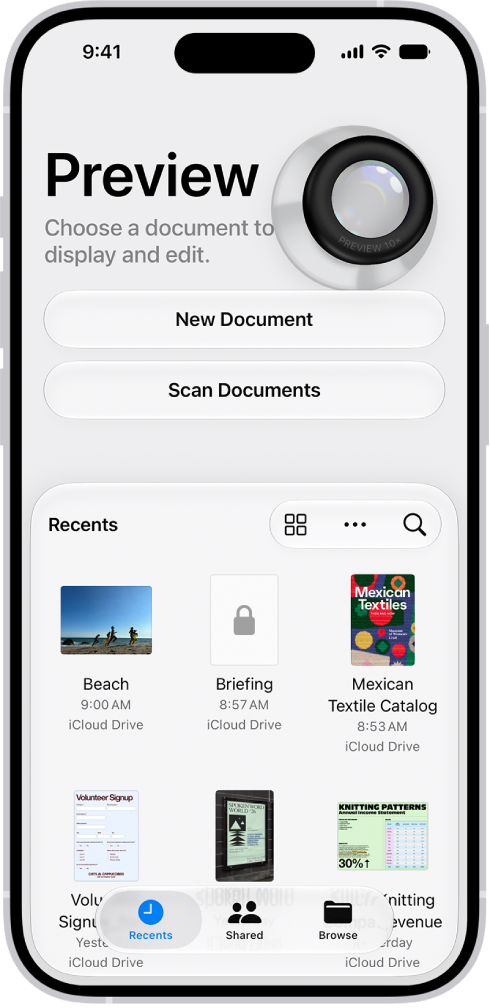 Màn hình bắt đầu của ứng dụng Xem trước trên iPhone với nút Quét tài liệu