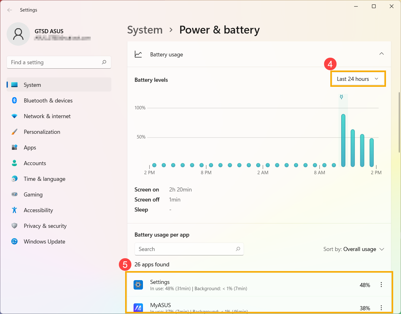 Bảng phân tích mức tiêu thụ pin của từng ứng dụng trong Cài đặt Windows