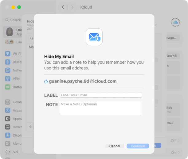 Hộp thoại tạo địa chỉ Ẩn địa chỉ email trong Cài đặt hệ thống trên Mac