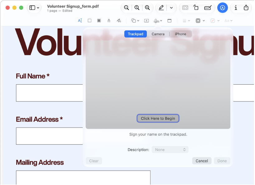 Tệp PDF trong Xem trước với công cụ thêm chữ ký