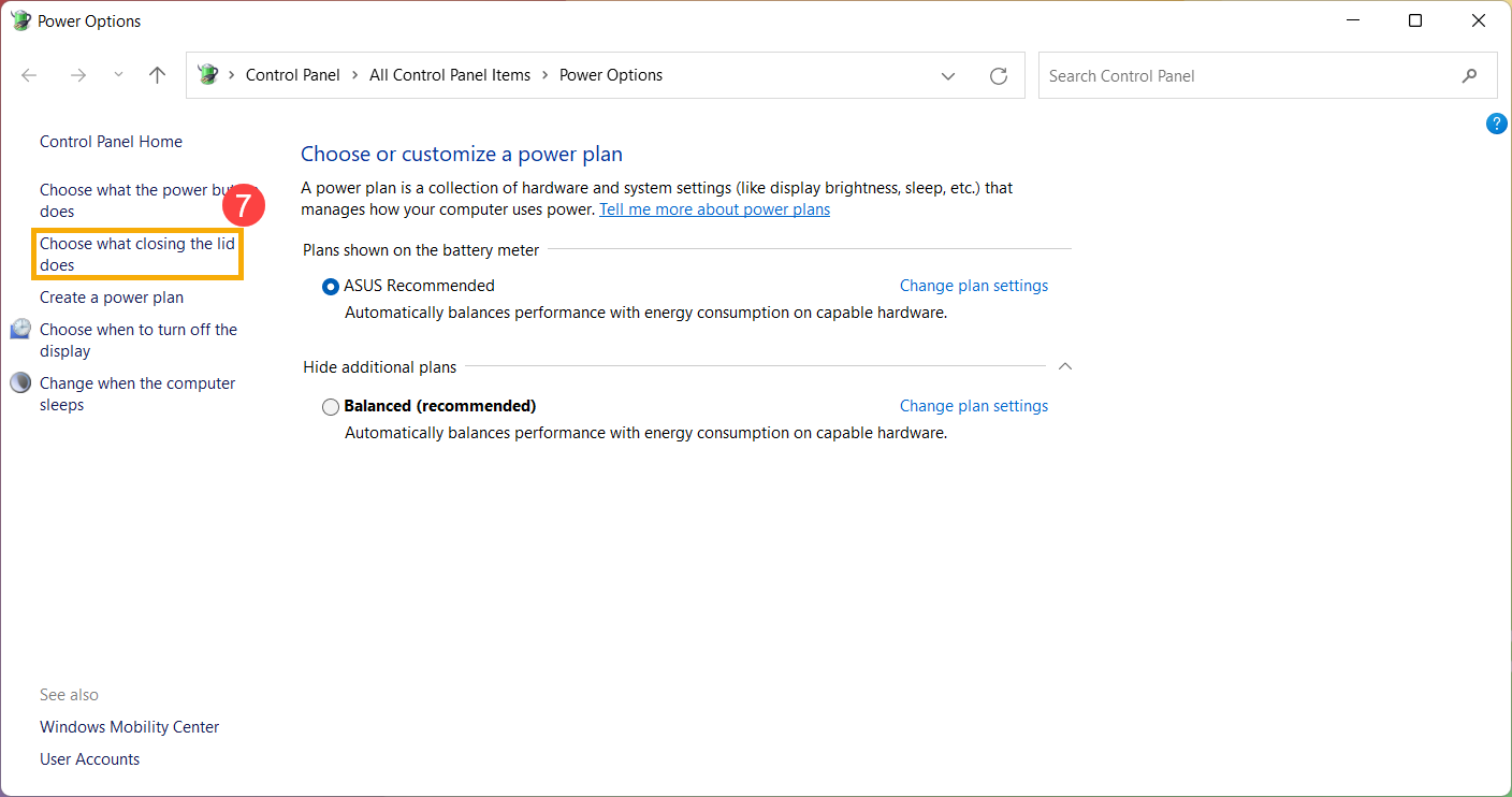 Mục chọn thao tác khi đóng nắp máy trong Power Options