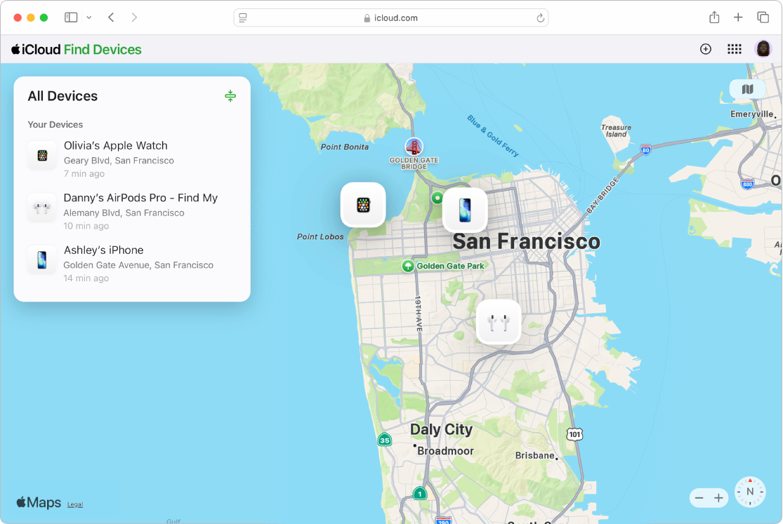 Trang Tìm thiết bị trên iCloud.com mở trong Safari với danh sách thiết bị và bản đồ