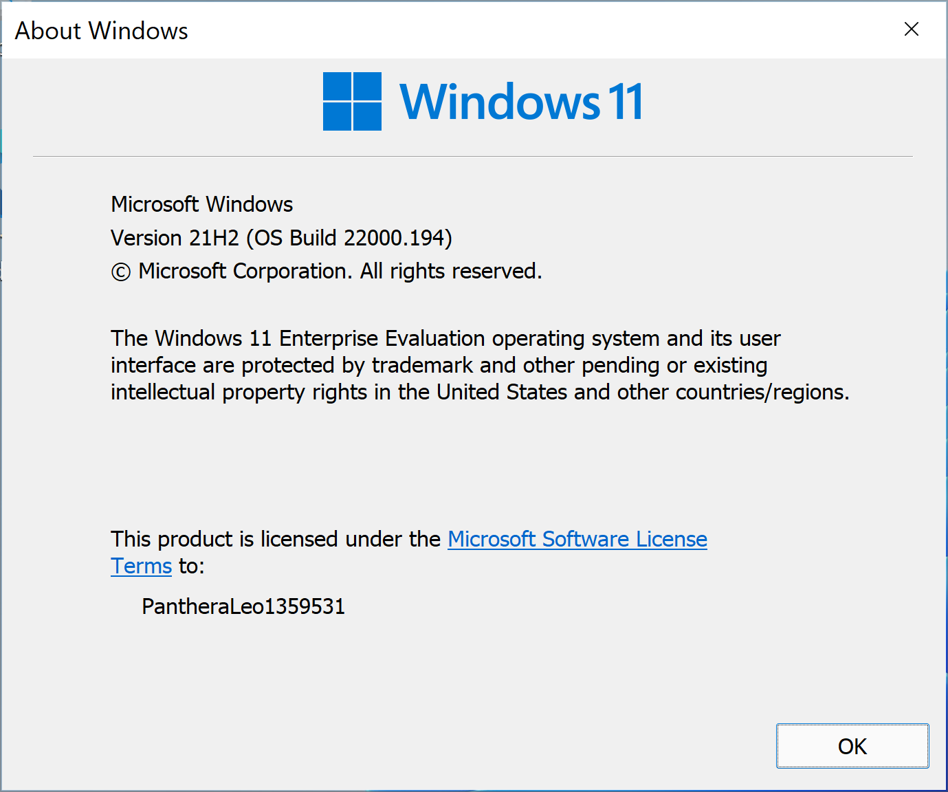 Cửa sổ About Windows hiển thị Windows 11, minh họa hệ điều hành cần cài trong máy ảo