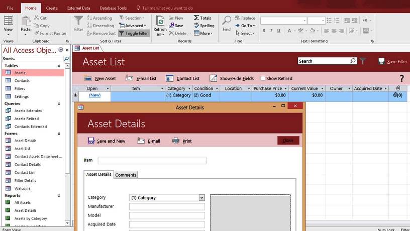 Ảnh chụp giao diện Microsoft Access phiên bản cũ với các đối tượng cơ sở dữ liệu