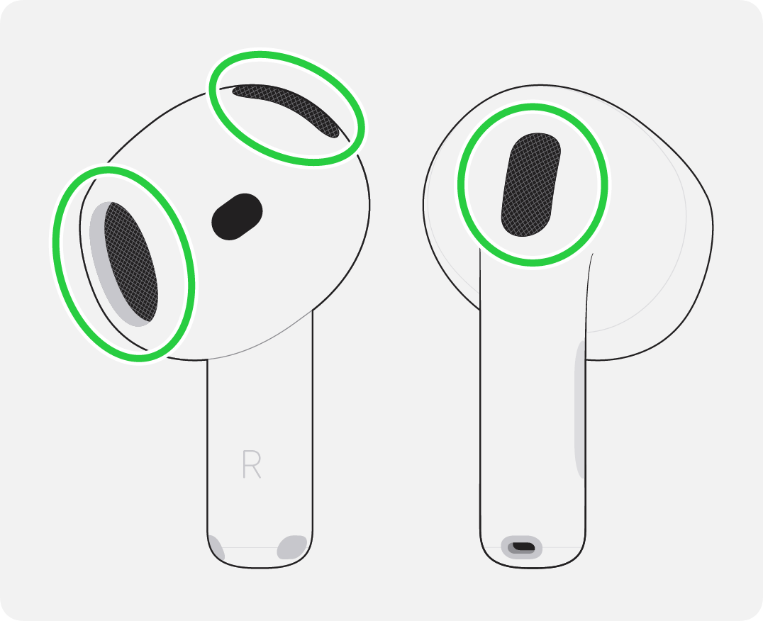 Vị trí các màng lưới âm thanh trên tai nghe AirPods cần làm sạch