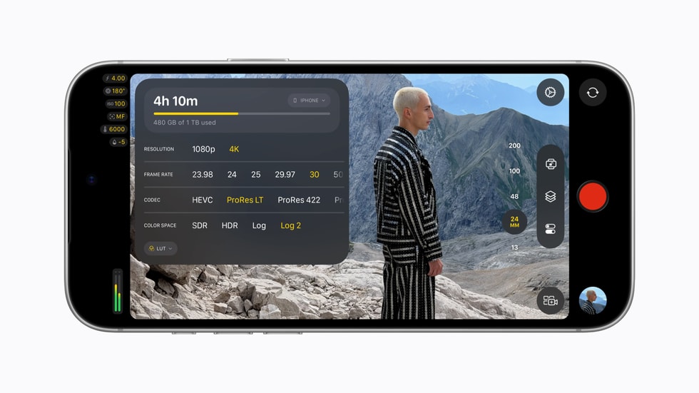 Bảng cài đặt định dạng, màn trập và ISO trong Final Cut Camera 2.4