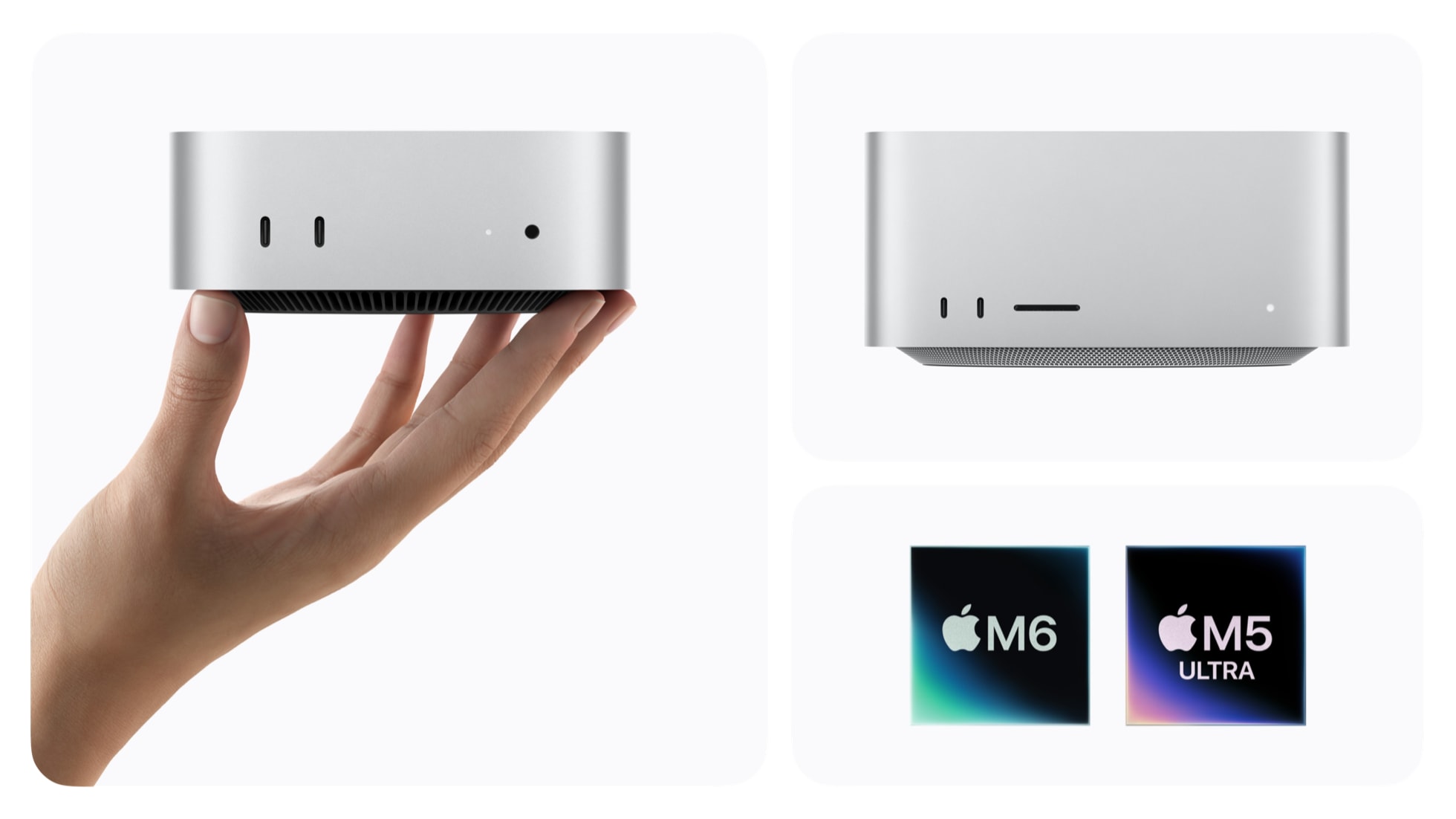Mac mini M6 và Mac Studio M5 Ultra đặt cạnh nhau trên bàn làm việc