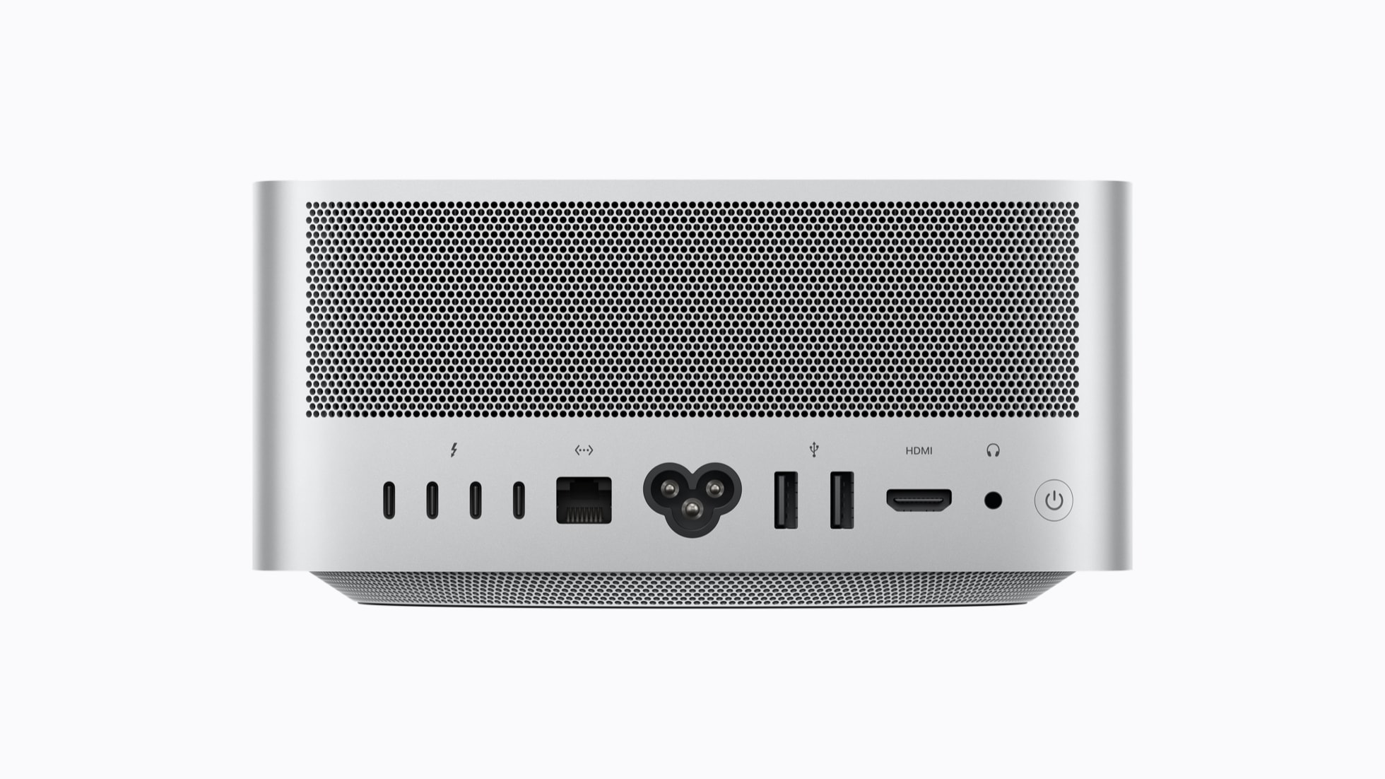 Mặt sau Mac Studio với bốn cổng Thunderbolt 5, USB-A, HDMI và Ethernet 10Gb