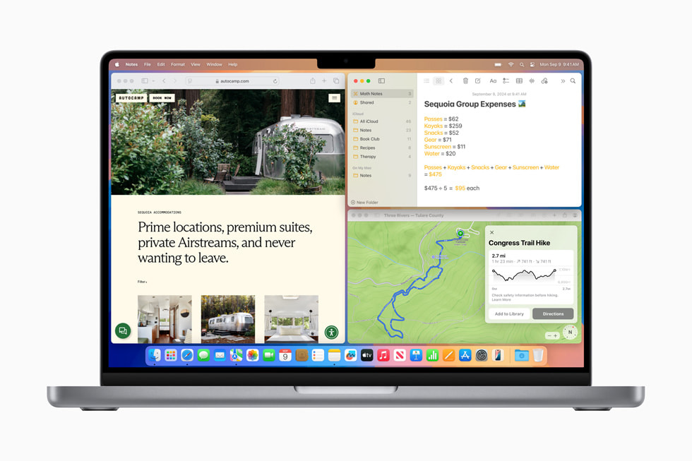 Ba cửa sổ ứng dụng được ghép trên màn hình MacBook Pro