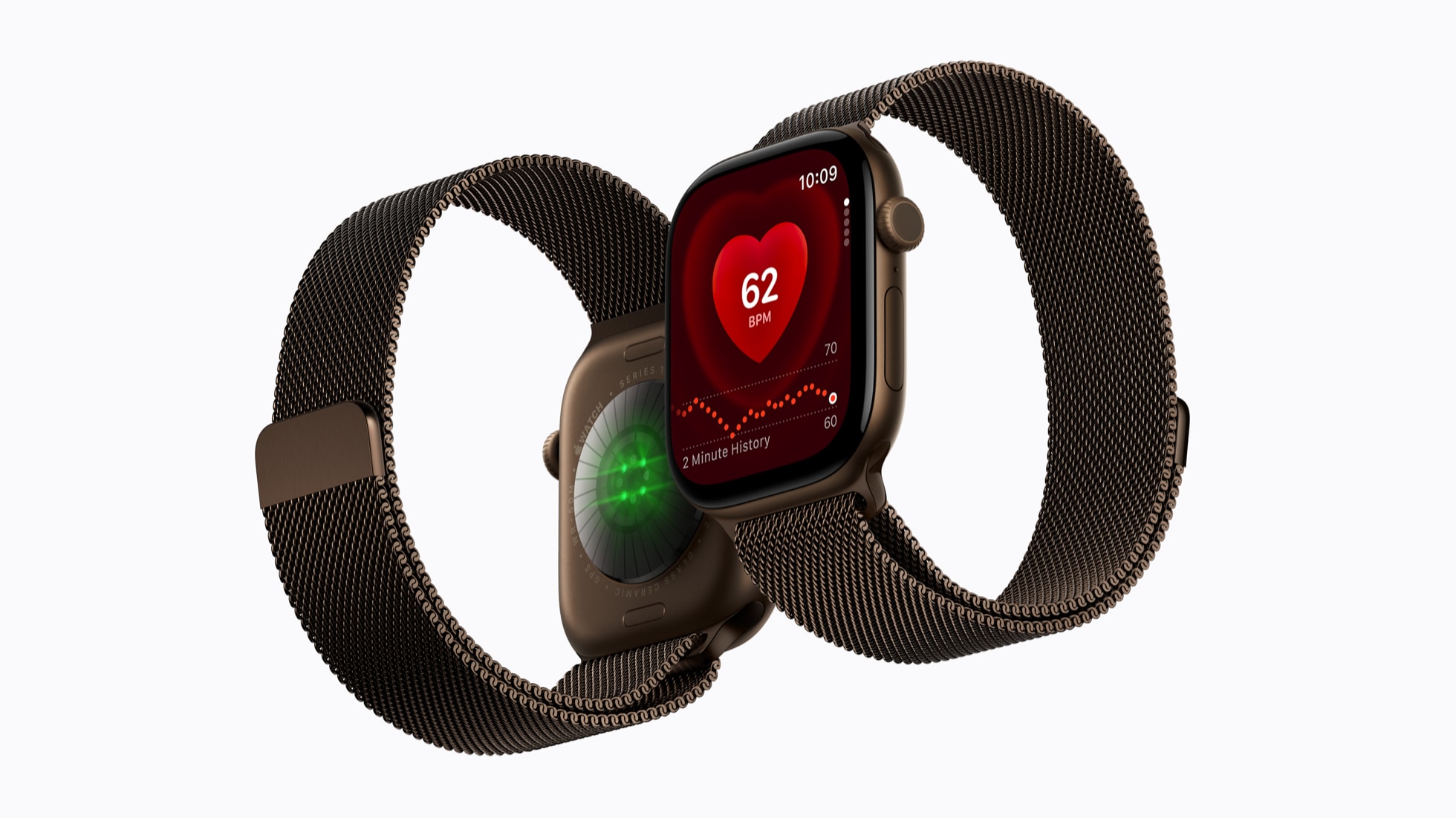 Hai chiếc Apple Watch Series 12 với mặt lưng cảm biến mới và ứng dụng Nhịp tim