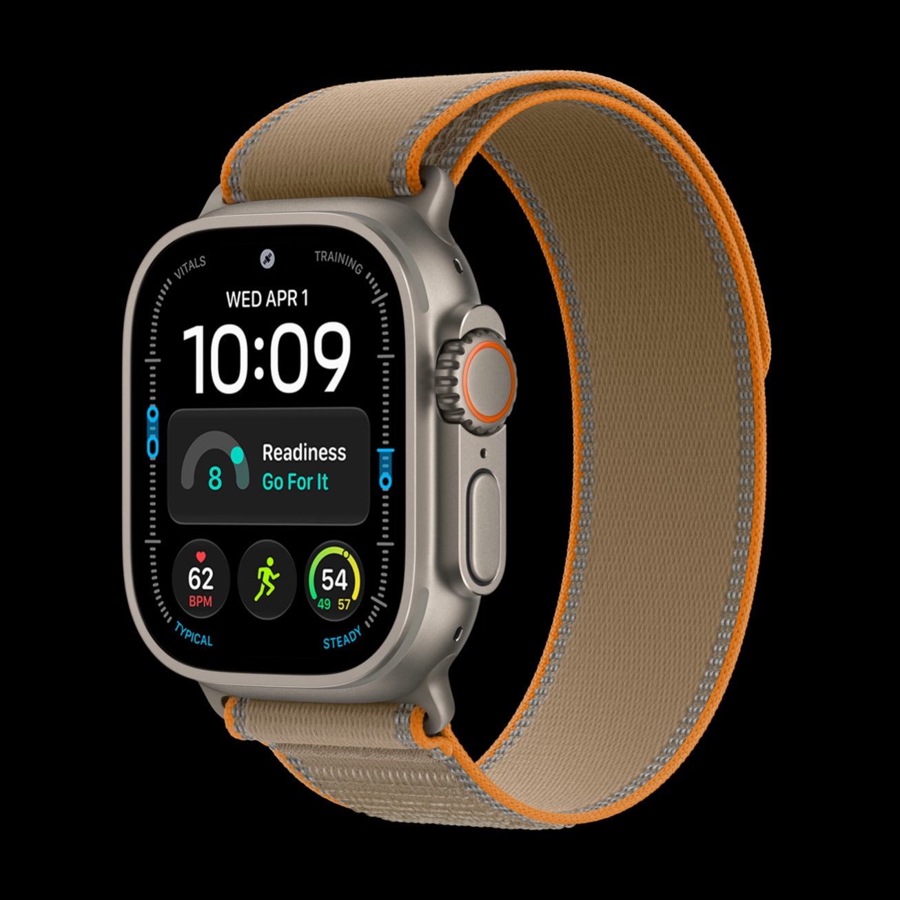 Apple Watch Ultra 4 với dây Trail Loop màu cát
