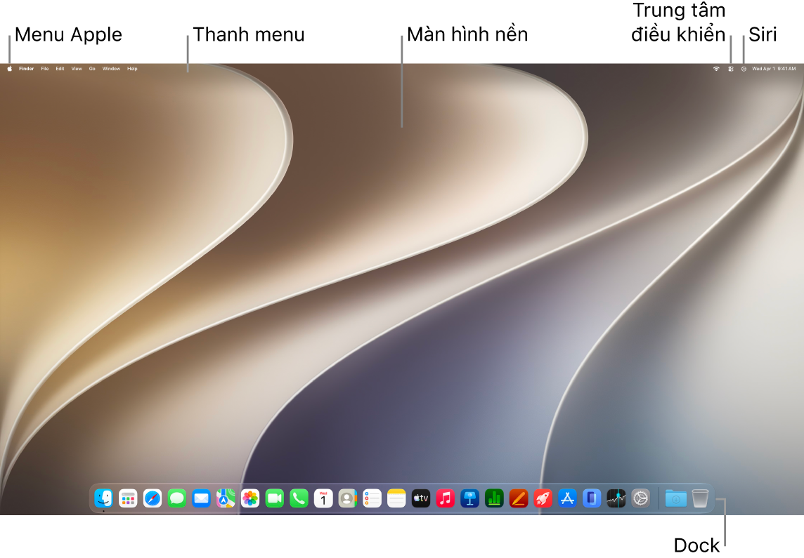 Màn hình nền macOS với thanh menu ở cạnh trên và Dock ở cạnh dưới