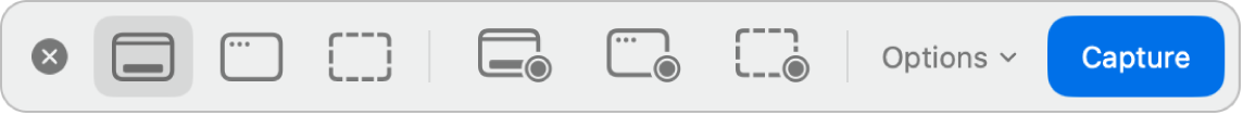Thanh công cụ Ảnh chụp màn hình trên macOS 27 với các nút chụp và quay