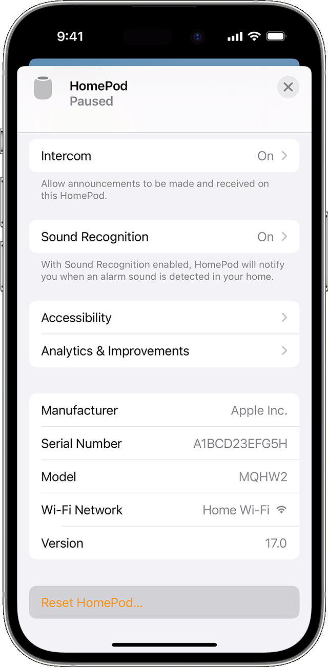 Tùy chọn Xóa phụ kiện để đặt lại HomePod trong ứng dụng Nhà
