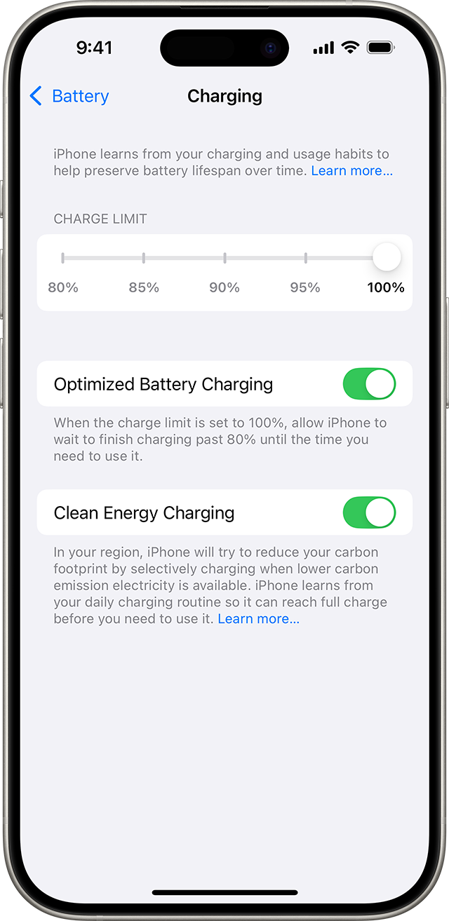 Màn hình Cài đặt › Pin › Sạc với thanh chọn giới hạn sạc trên iPhone 15 Pro