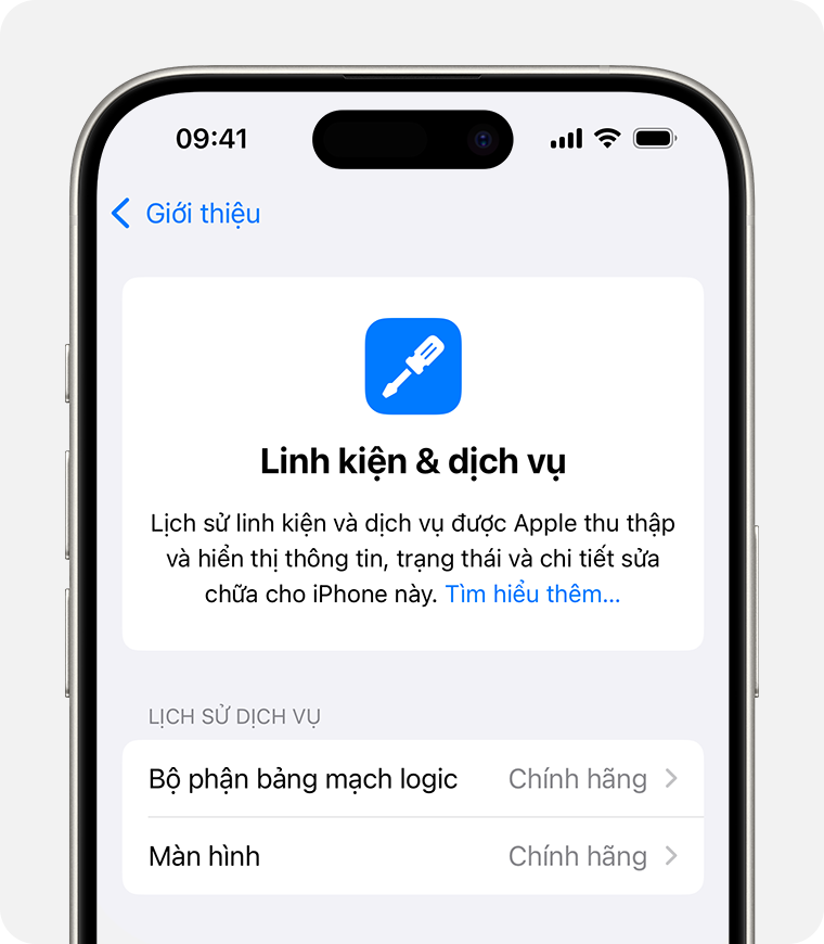 Ví dụ iPhone hiển thị linh kiện chính hãng trong Lịch sử linh kiện và dịch vụ