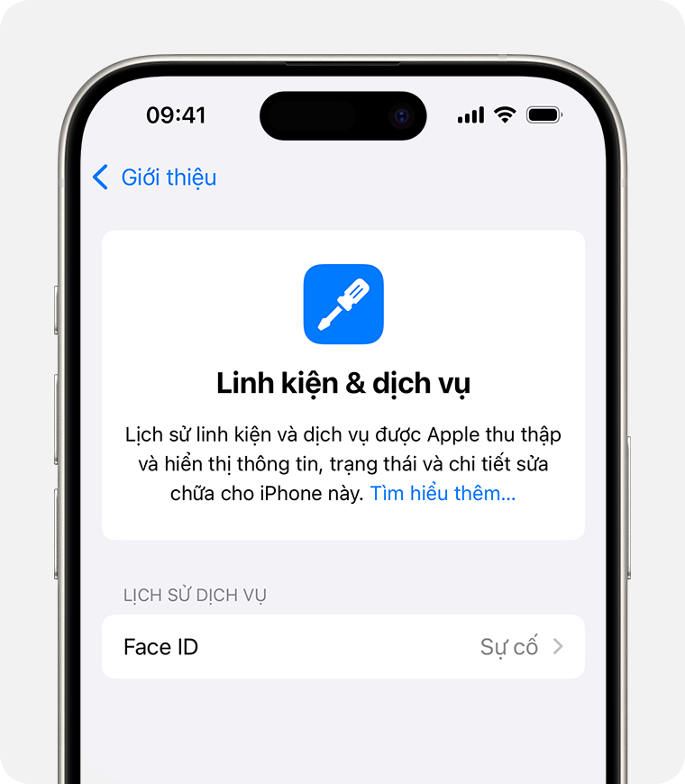 Ví dụ thông báo sự cố Face ID trong Lịch sử linh kiện và dịch vụ