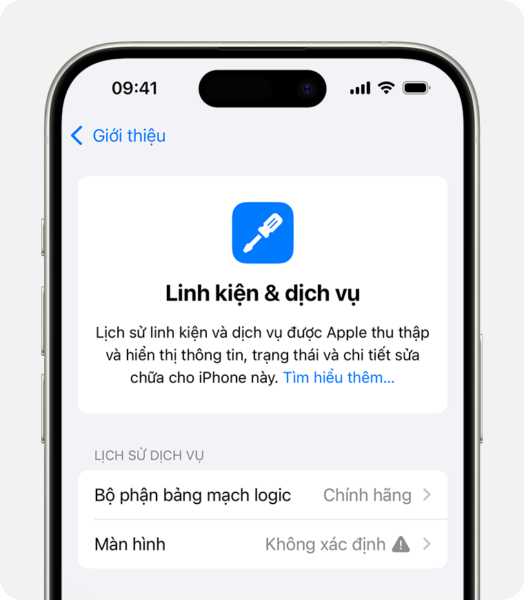 Ví dụ thông báo linh kiện Không xác định trên iPhone