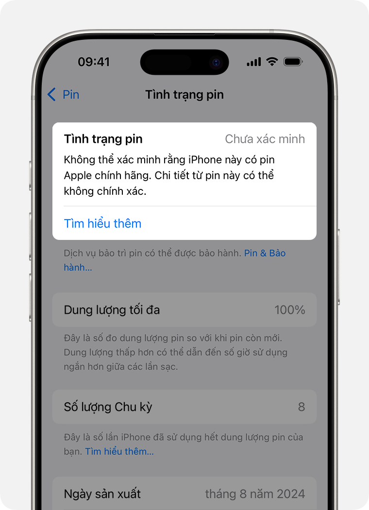 Ví dụ cảnh báo không xác định pin trong phần thông tin pin iPhone