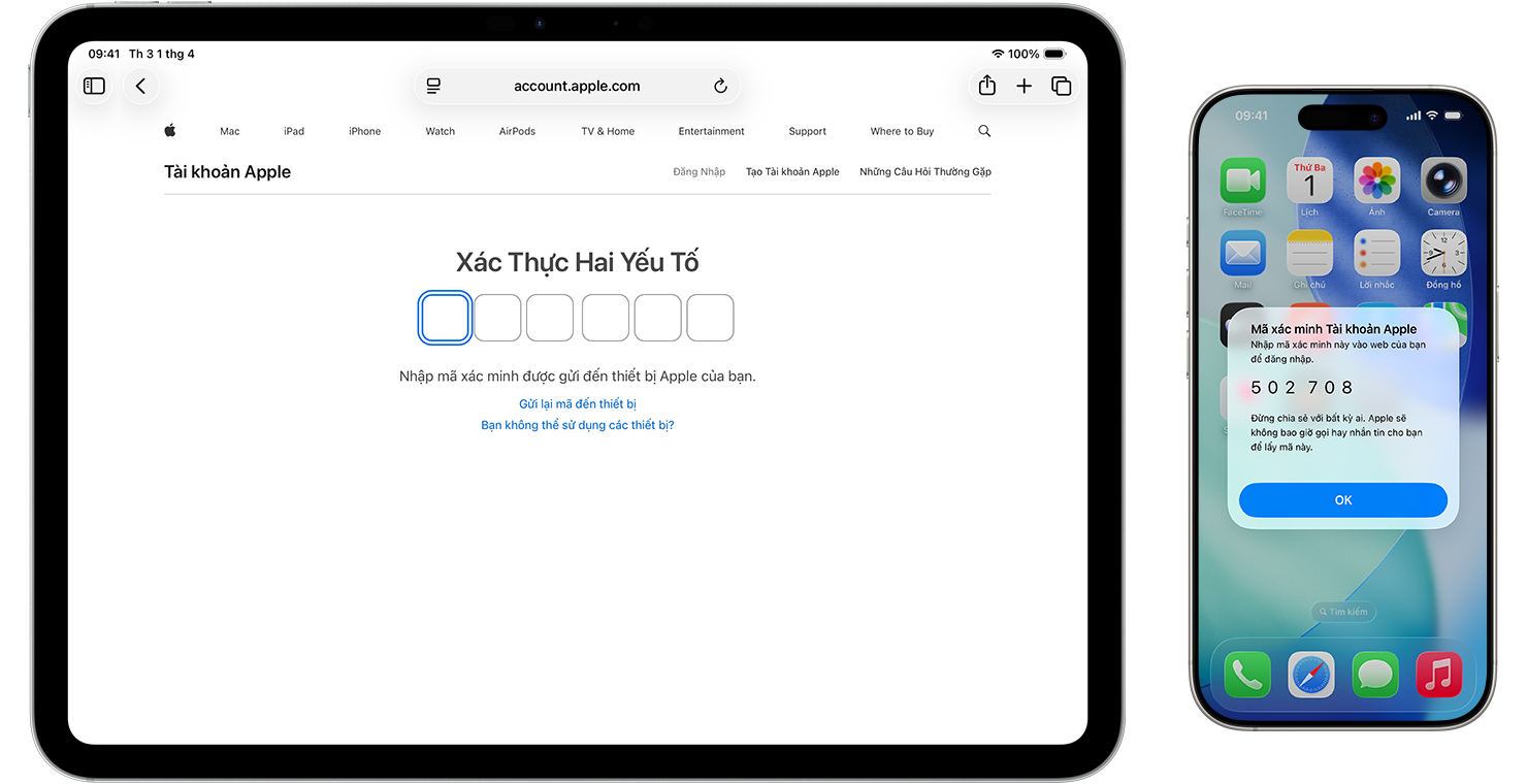 Mã xác minh sáu chữ số hiển thị trên iPhone khi đăng nhập Tài khoản Apple bằng xác thực hai yếu tố