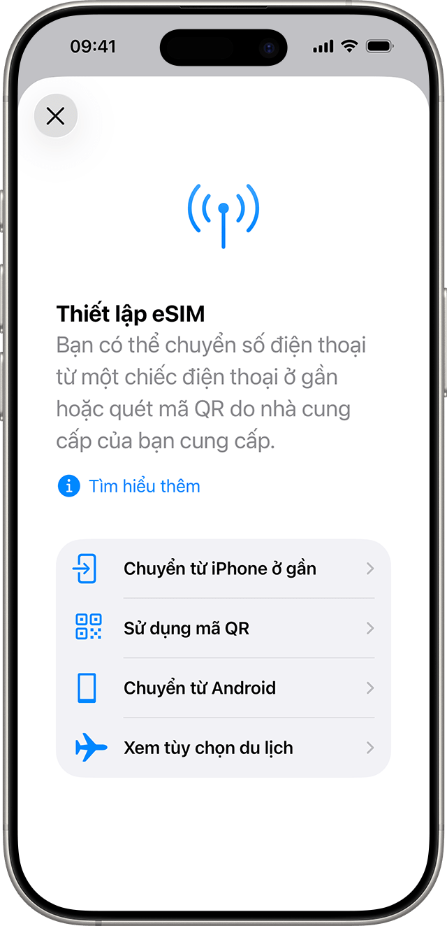 Màn hình Thiết lập mạng di động với lựa chọn chuyển eSIM hoặc quét mã QR