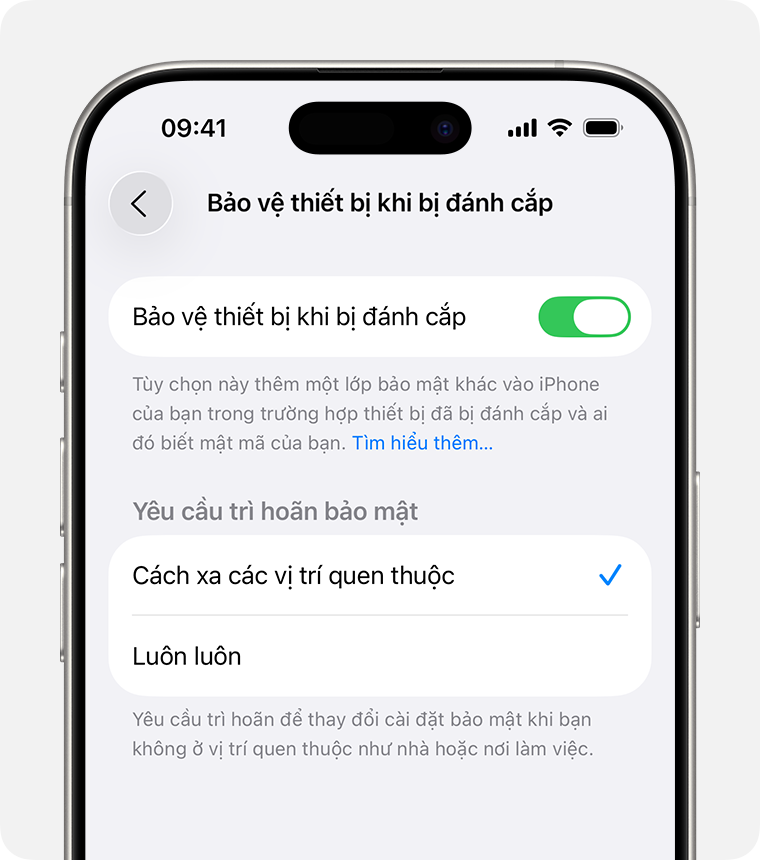 Màn hình cài đặt Face ID và Mật mã với tùy chọn Bảo vệ thiết bị khi bị đánh cắp đang bật