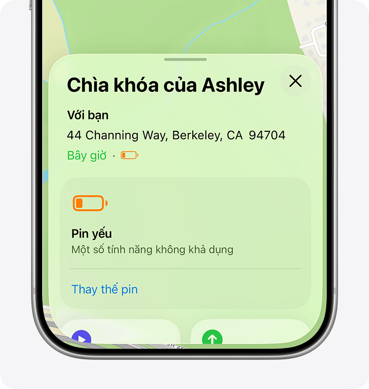 Biểu tượng pin yếu của AirTag trong danh sách vật dụng trên iPhone