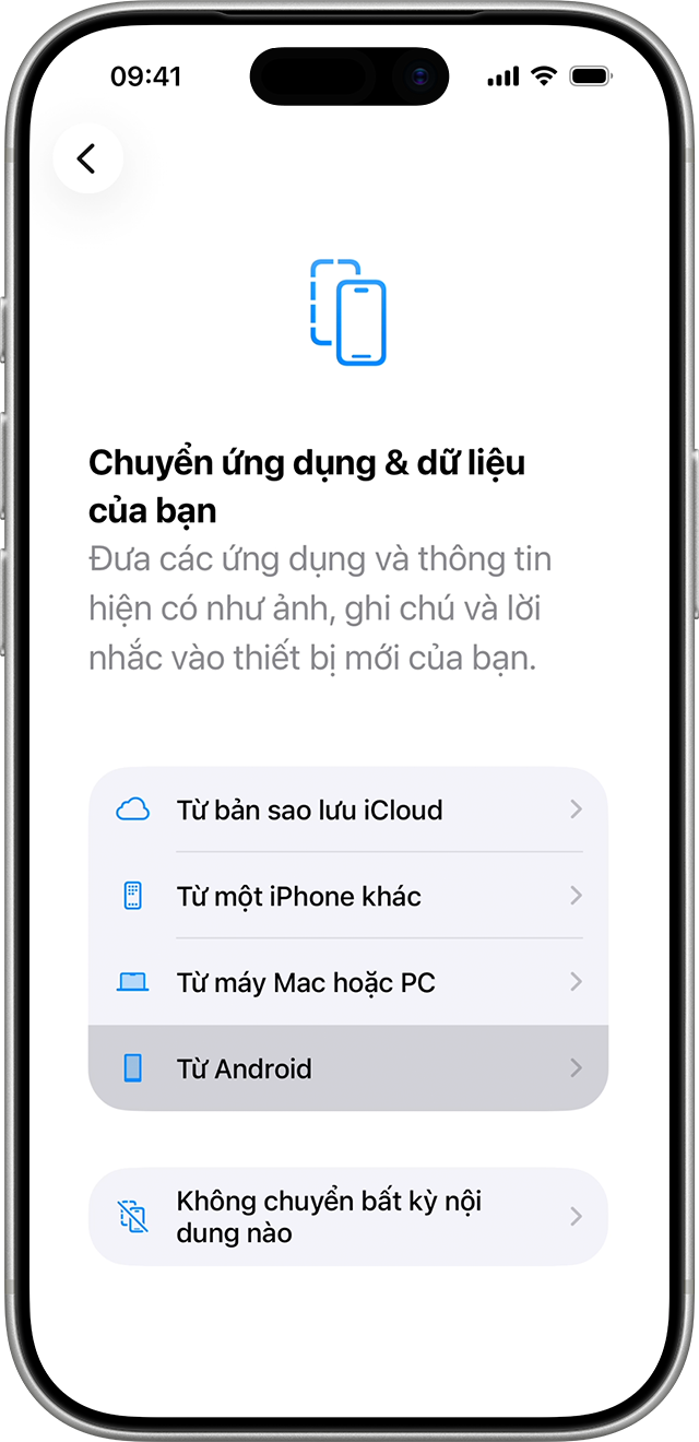 Màn hình chọn chuyển dữ liệu từ Android sang iPhone