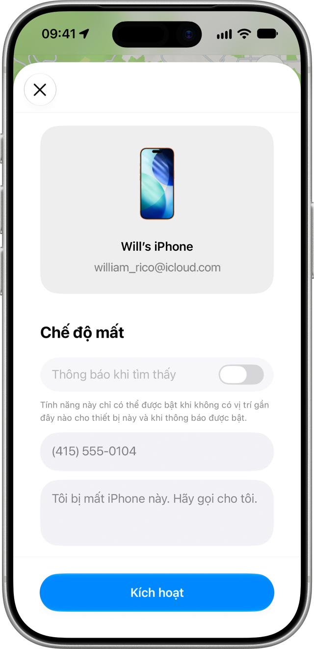 Màn hình kích hoạt Chế độ mất trong ứng dụng Tìm trên iPhone