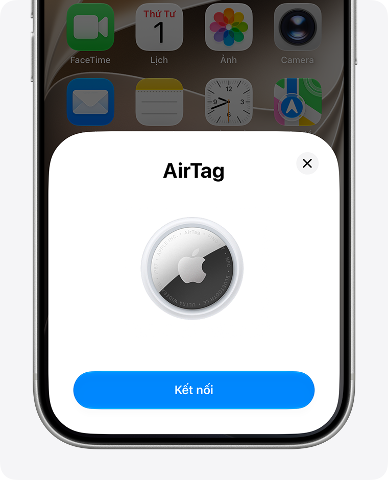 Cửa sổ thông báo kết nối AirTag xuất hiện trên màn hình chính iPhone