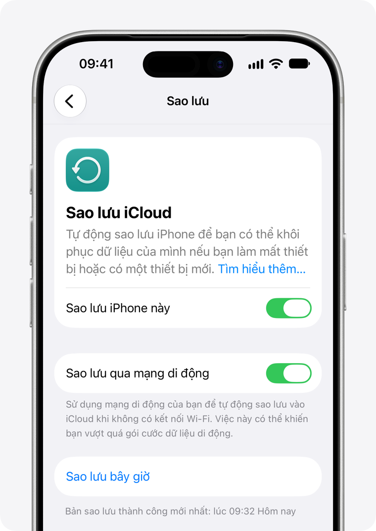 Màn hình Sao lưu iCloud hiển thị lần sao lưu gần nhất