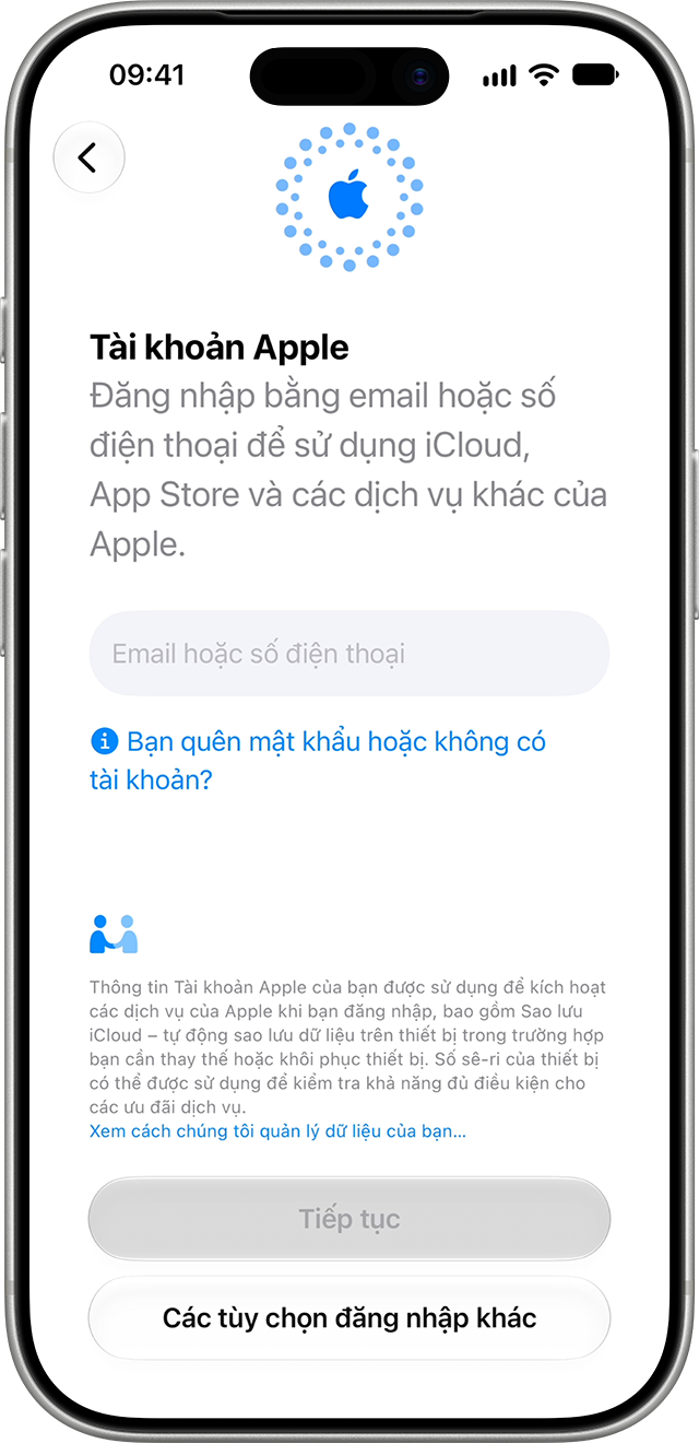 Màn hình đăng nhập Tài khoản Apple trong quá trình thiết lập iPhone