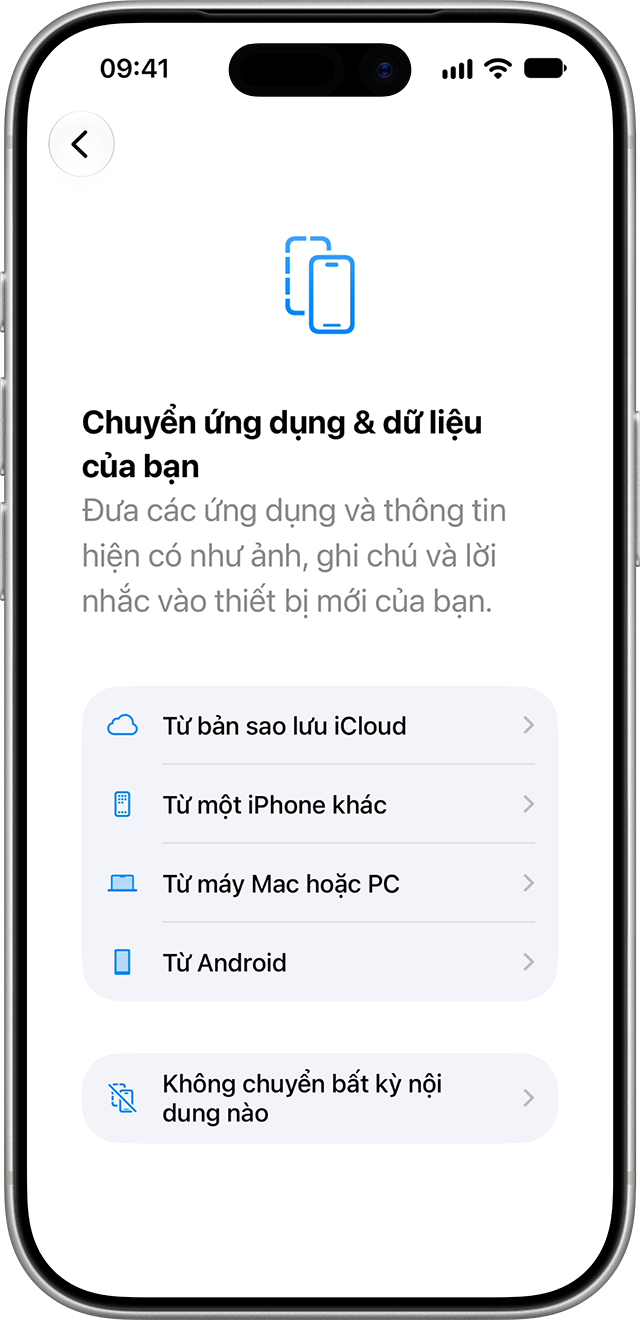 Màn hình chọn cách chuyển ứng dụng và dữ liệu khi thiết lập iPhone