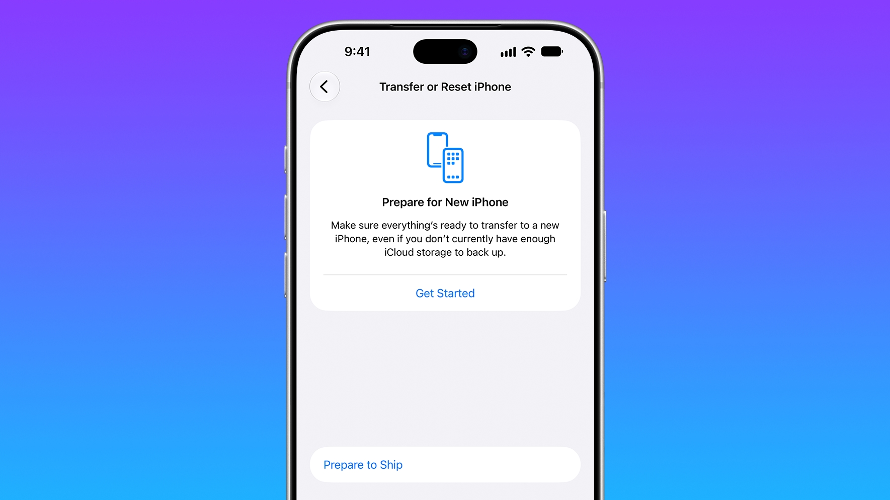 Tùy chọn Prepare to Ship trong menu Chuyển hoặc đặt lại iPhone