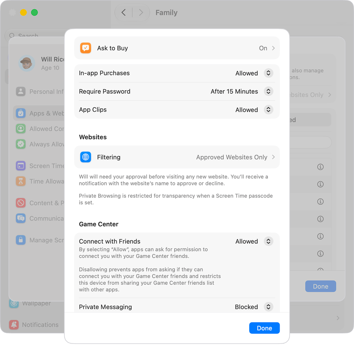 Cài đặt lọc trang web Approved Websites Only trong mục Gia đình trên macOS 27