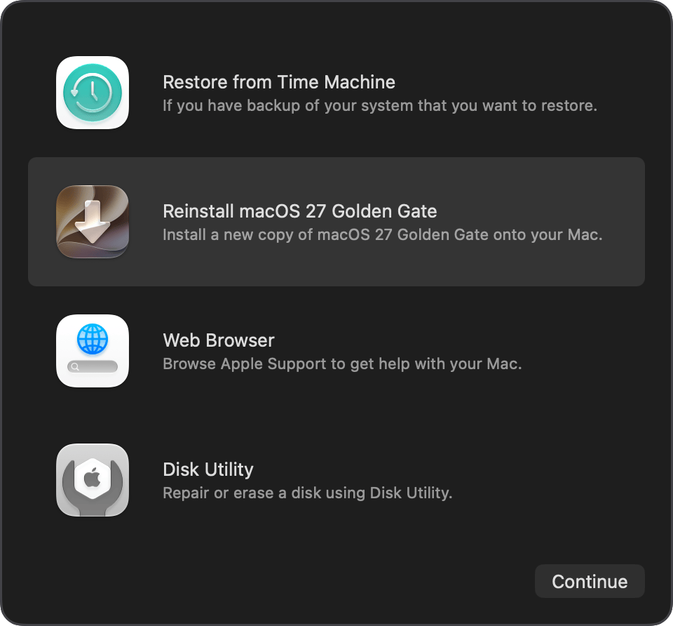 Màn hình khôi phục hệ thống macOS Recovery trên macOS 27 Golden Gate