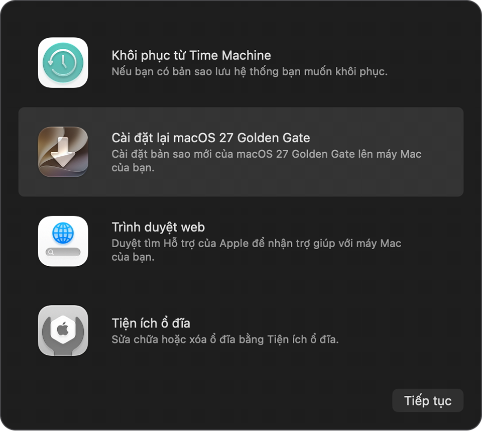 Giao diện cài đặt lại hệ điều hành sạch trong chế độ macOS Recovery