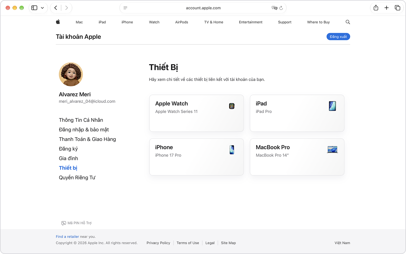 Trang account.apple.com trên Safari hiển thị danh sách thiết bị của Tài khoản Apple