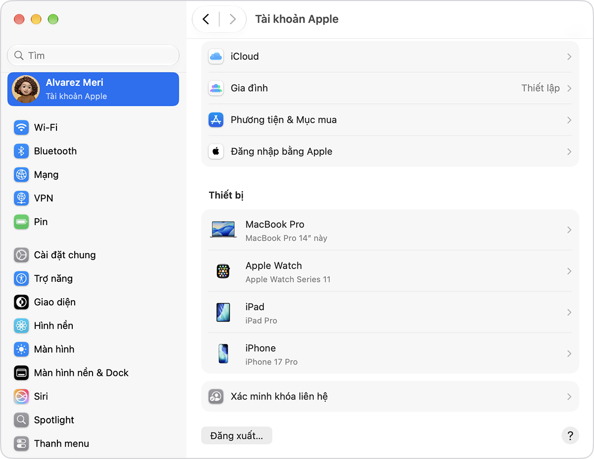Cài đặt hệ thống macOS 27 hiển thị trang Tài khoản Apple và danh sách thiết bị