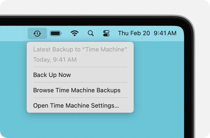 Giao diện Time Machine hiển thị trạng thái hoàn tất bản sao lưu gần nhất trên thanh menu máy Mac