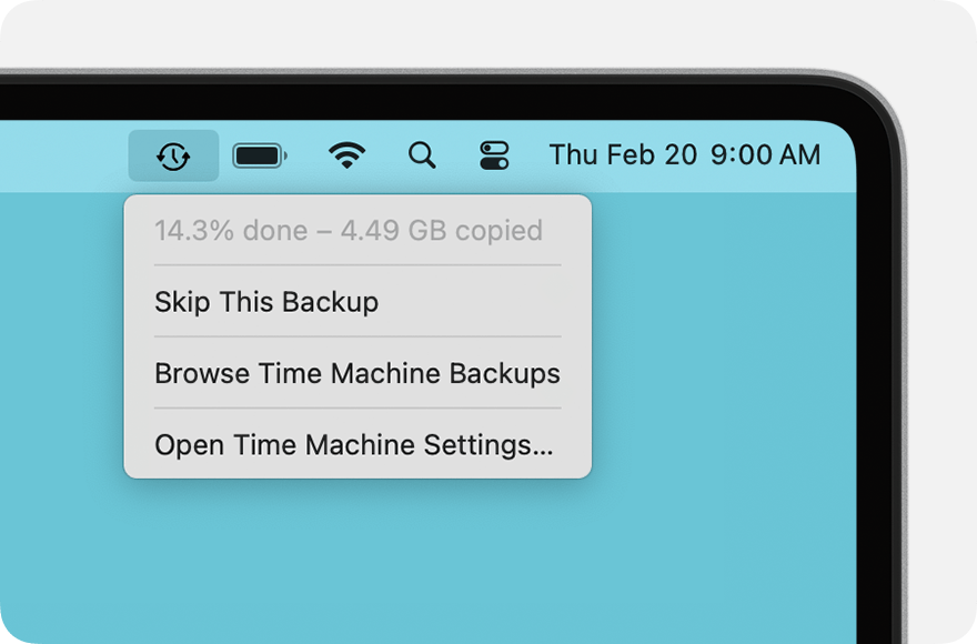 Biểu tượng Time Machine trên thanh menu macOS hiển thị tiến trình đang sao lưu dữ liệu