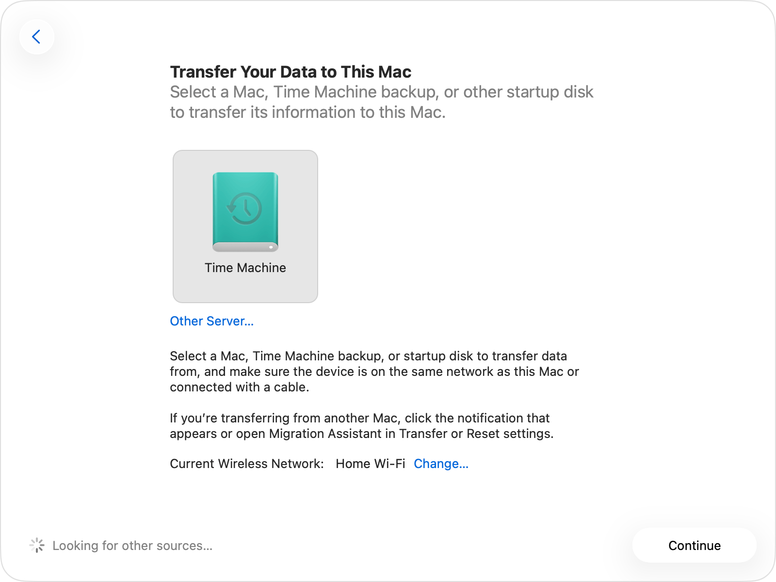 Chọn ổ đĩa Time Machine đã kết nối để chuyển dữ liệu sang máy Mac mới