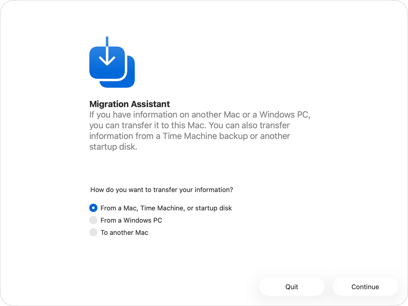 Màn hình Trợ lý di chuyển Migration Assistant trên máy Mac cho phép chuyển dữ liệu từ bản sao lưu