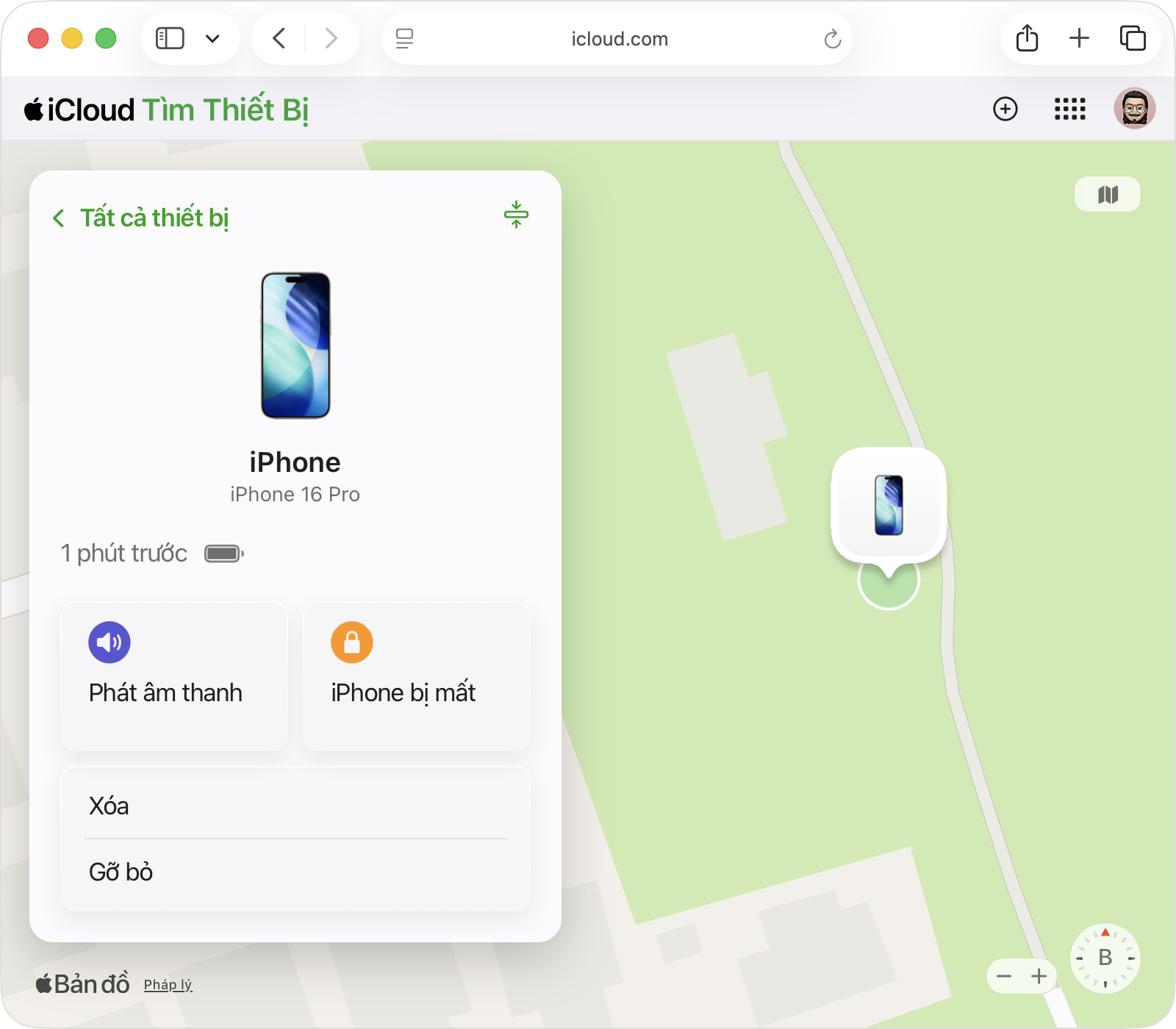 Trang Tìm thiết bị trên iCloud.com với các nút Phát âm thanh, Đánh dấu là Bị mất và Xóa thiết bị